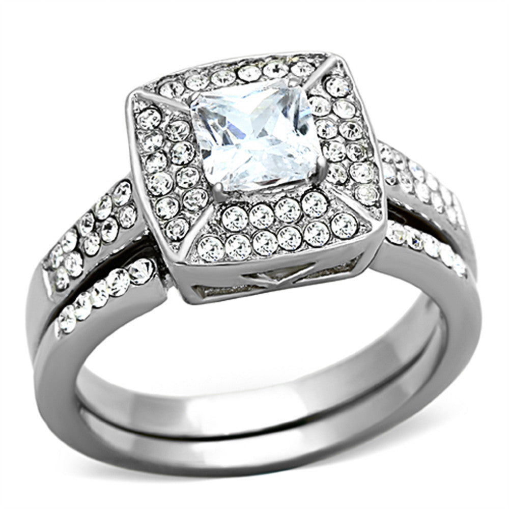 2.65 Ct Halo Princess Cut CZ Stainless Steel Wedding Ring Set Women's Size 5-10